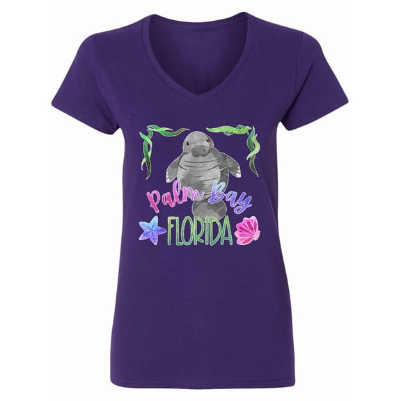Inktastic Palm Bay Florida Cute Swimming Manatee Women's V-Neck T-Shirt