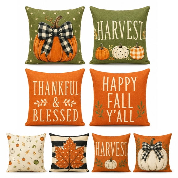 Fall Pillow Covers 18x18 Set of 4, Pumpkin Maple Leaves Thanksgiving Throw Pillow Covers for Couch Sofa Farmhouse Decor Set 1