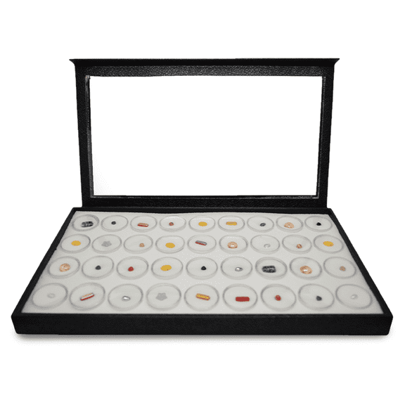 Novel Box Jewelry Display Case 14.75x8.25x1.15 with Detachable Acrylic Lid 36 Gem Jars & White Foam