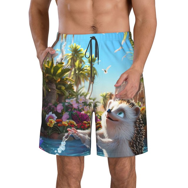 Balery Playful Hedgehog Forest Pond Traje de Baño Estilo Hawaiano para Hombre, Shorts de Secado Rápido con Bolsillos-3X-Large