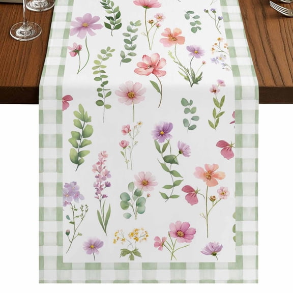 Spring Floral 120 Inch Table Runner, Pink Flowers Sage Green Plaid Pastoral Farmhouse Dresser Scarf Cotton & Linen Tablerunner for Dining/Kitchen Island/Holiday Party Décor 13" x 120"