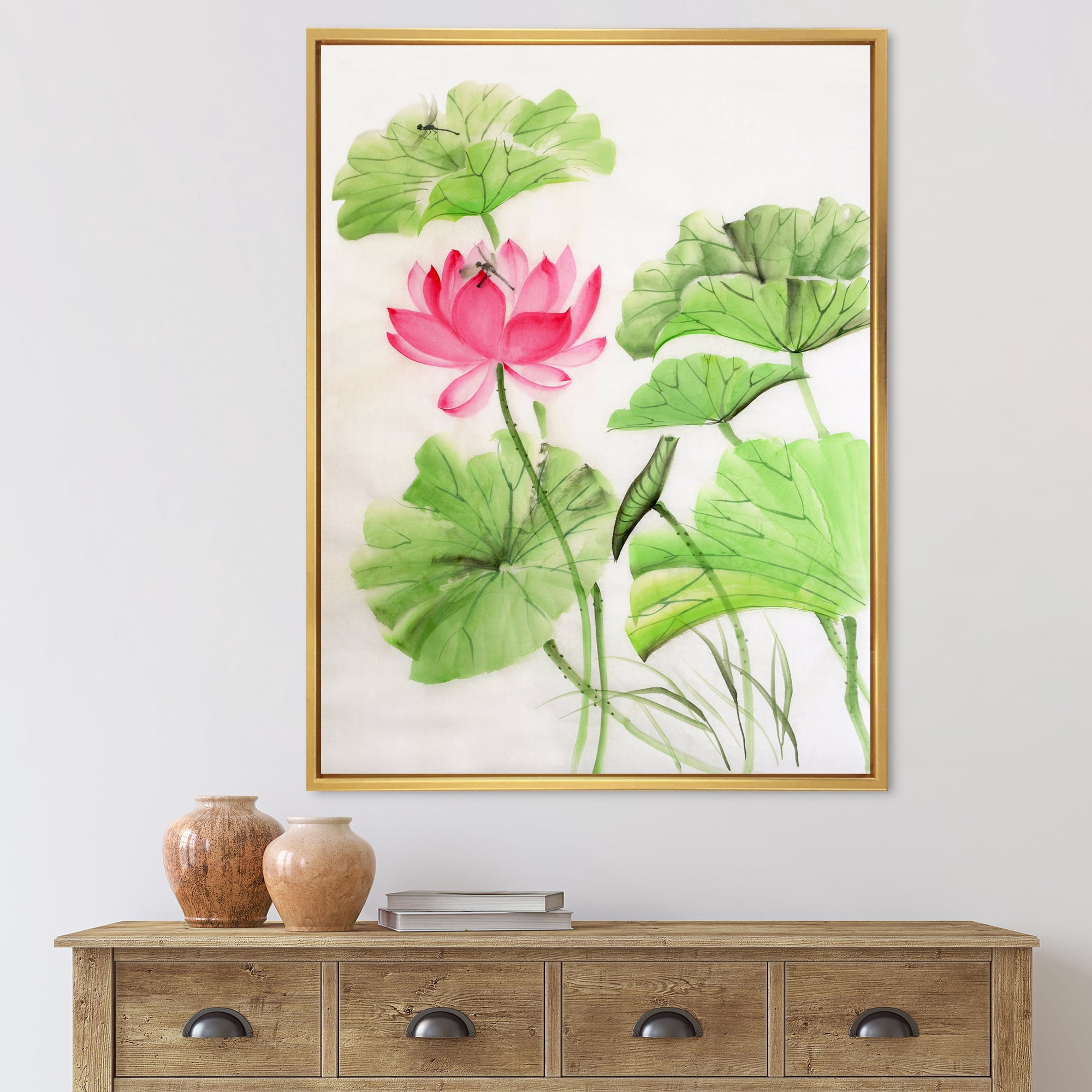 Designart 'Dragonfly and Lotus' Traditional Framed Canvas Wall Art Print
