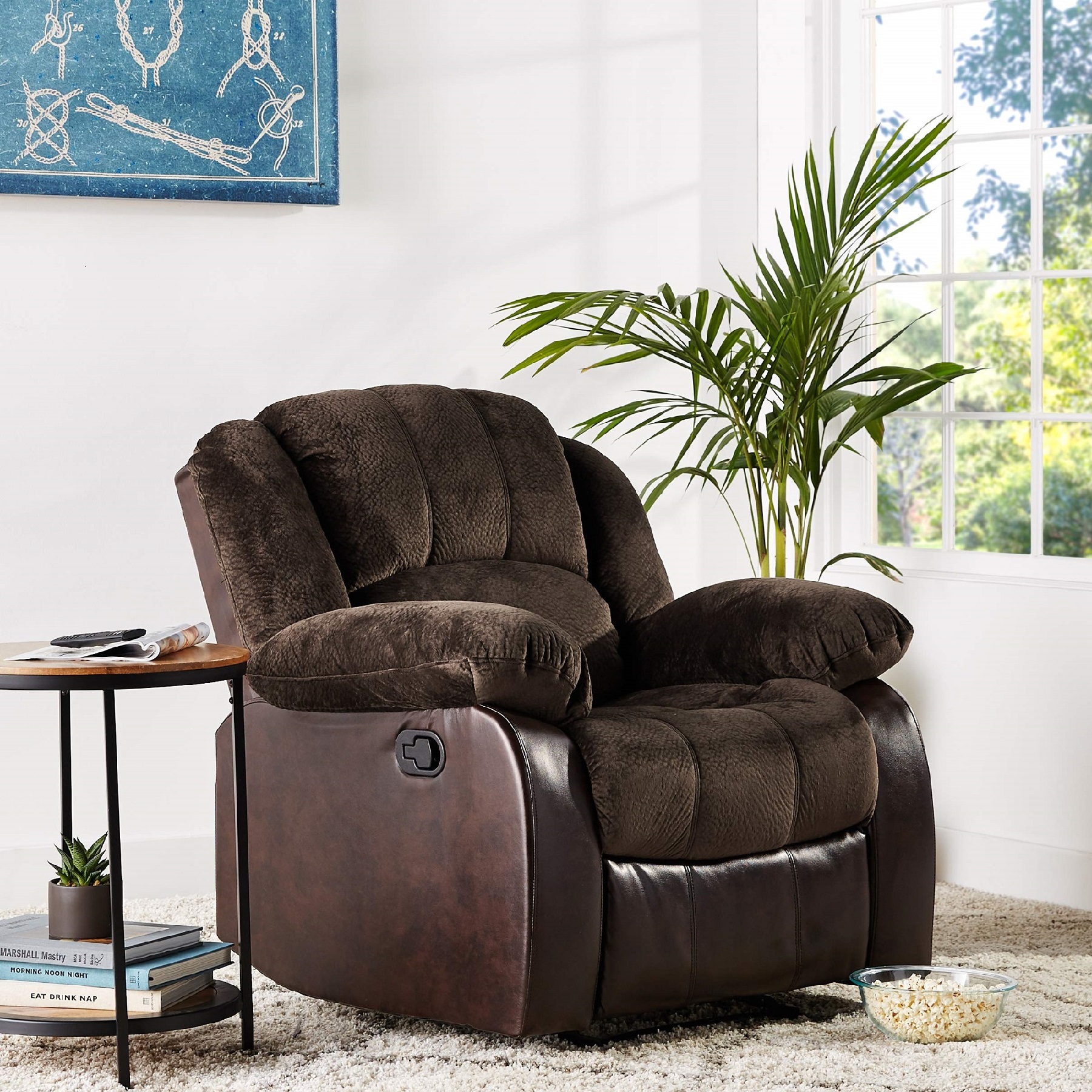 Nathaniel Home Manual Single Recliner Chair, PU Leather Upholstered Couch Sofa, Tufted Reclining Sofa, Plush Scoop Theater Seating, Lounge Chair for Living Room, Brown