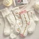 thumbnail image 4 of Cute Pink White Women Ankle Sock Stripe Lettuce Trim Knitted Comfy Embroidered Girl Sock Gift 5, 4 of 5
