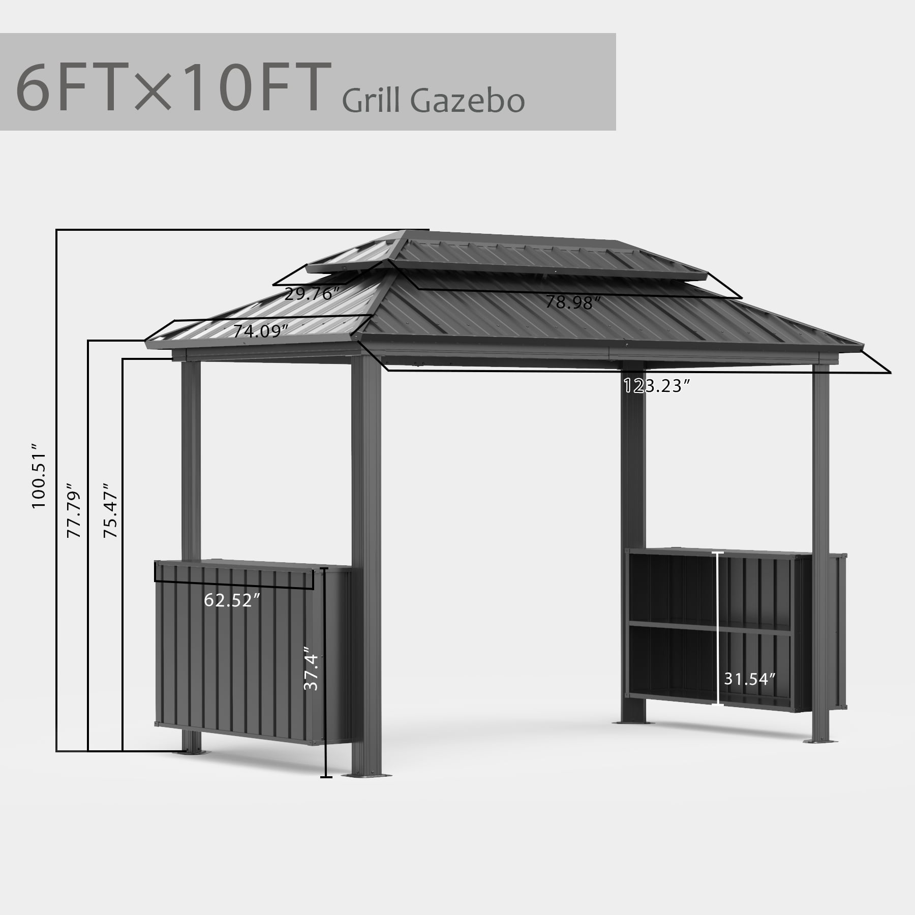 Domi 6' x 10' Hardtop Grill Gazebo, Outdoor BBQ Canopy with Galvanized Steel Double Roof, 2 Double-Layer Storage Cabinets, Ceiling Hooks,Permanent Metal Patio Gazebo for Backyard & Garden, Grey