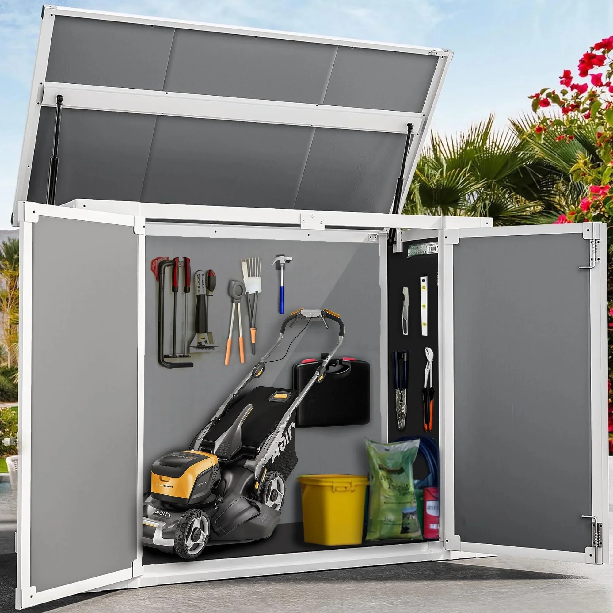 SYNGAR 306GAL All-Weather Resin Outdoor Storage Shed & Cabinet - Lockable Double Door Design for Garden Tools, Pool Equipment, Bikes & Yard Accessories