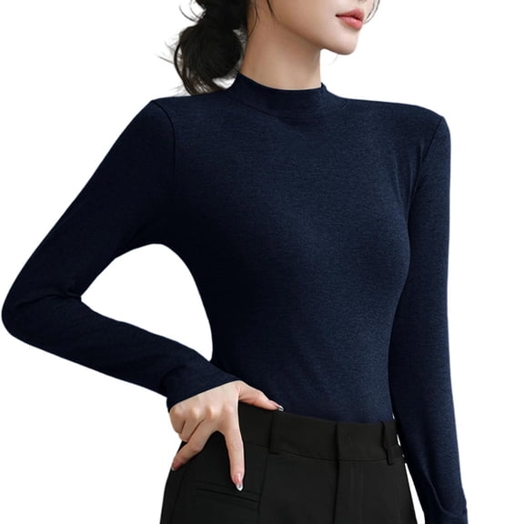 Sexlip Womens Mock Neck Blouse Long Sleeve Fitted Design Soft Fabric Slim Silhouette for Evening Occasions Blue M