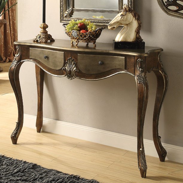 Benzara Two Drawer Wooden Console Table With Queen Anne Legs, Bronze