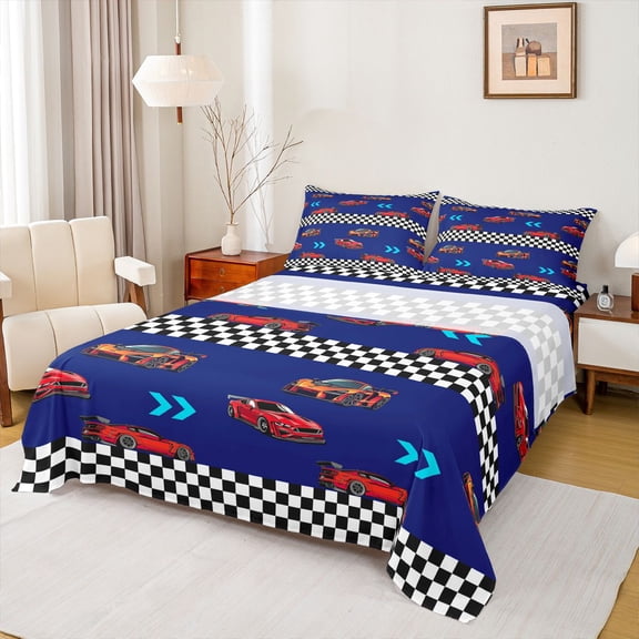 Homewish Kids Teens Racing Car Twin Sheet Sets 3pcs,Extreme Sport Twin Fitted Sheet Microfiber,Geometric Plaid Grid Breathable Flat Sheet,Luxury Bedroom Decor