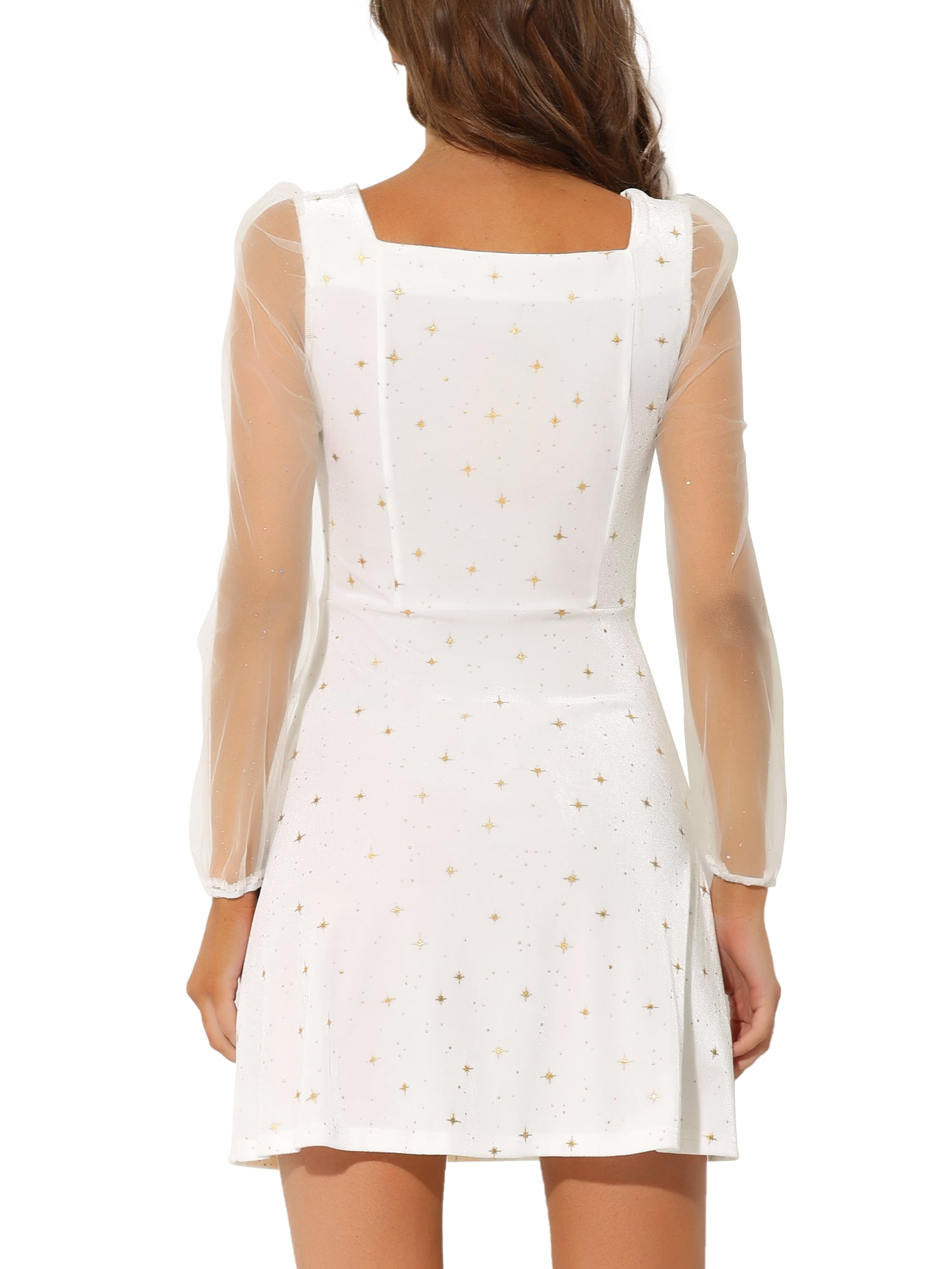 DARING DIVA Square Neck Mesh Sheer Sleeve Glitter Star Velvet Mini Dress L White