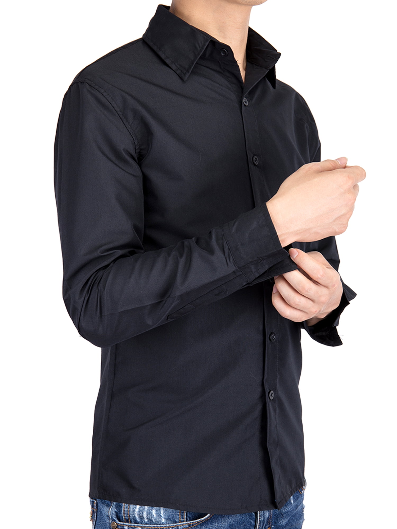 black dress shirt blue jeans