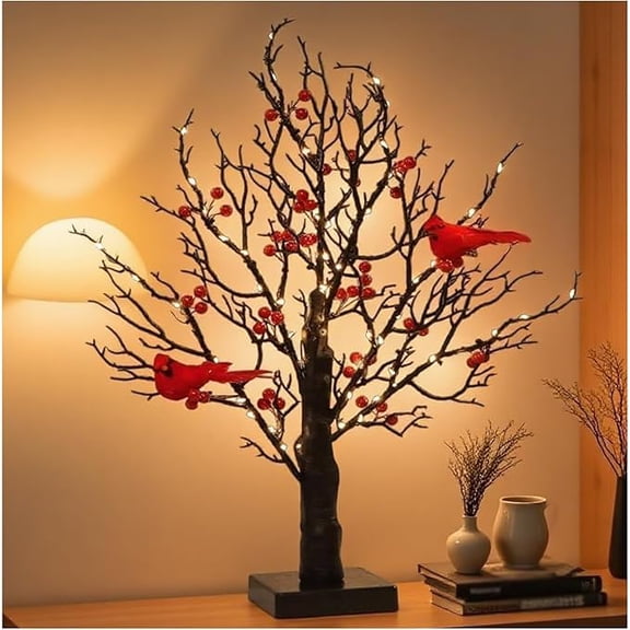Vintage Glowing Tree with Cardinals and Berries, 21 in LED Cardinal Tree with Lights Lamp for Christmas Party Décor