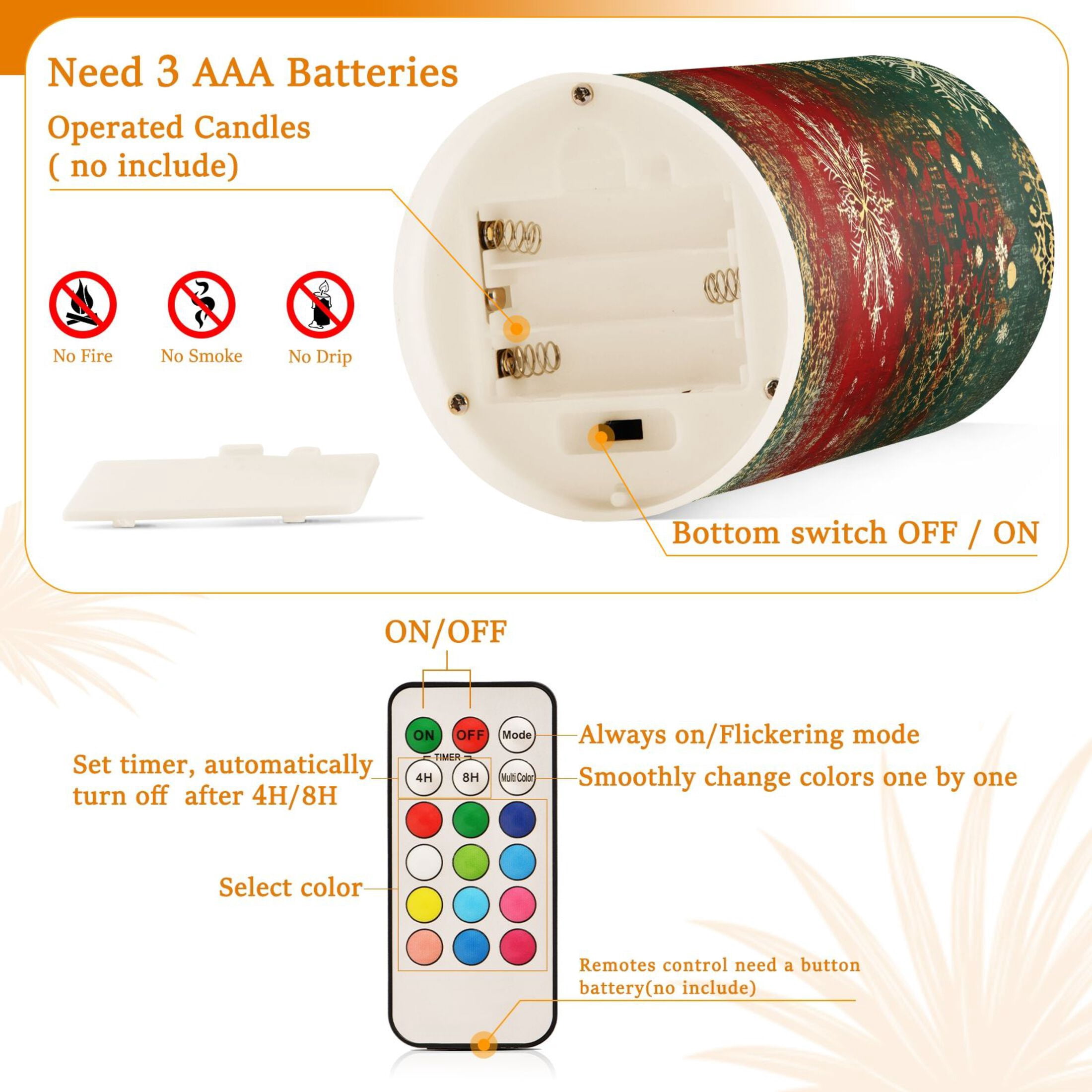 Flickering Flameless LED Candles set of 2 Battery Operated 18-Key Remotes Timer Halloween Fall Decor Christmas Themed Snowflakes D3''xH4''5''
