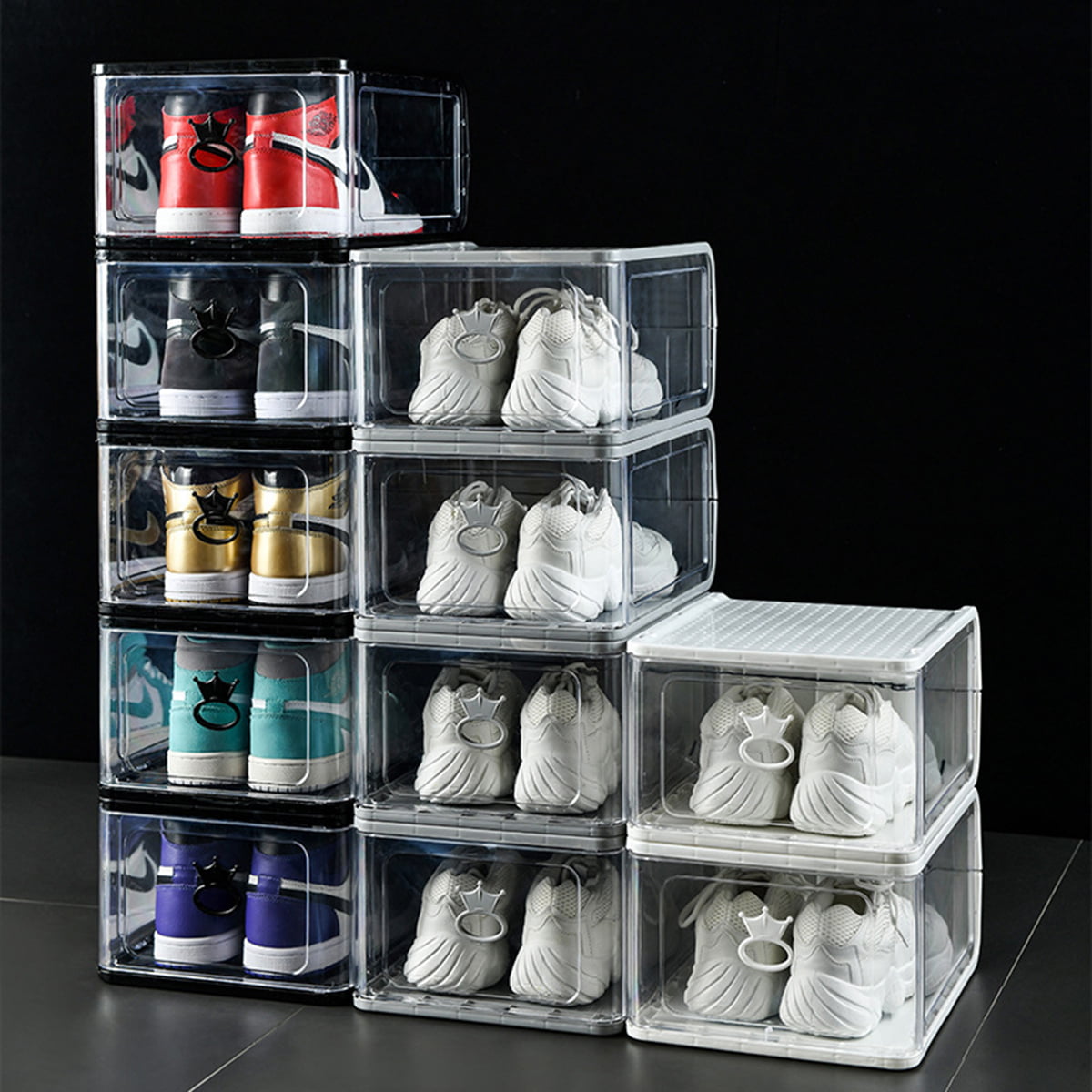 4Pcs Shoe Boxes Clear Plastic Stackable Storage Containers with Lids Drawer Type Shoe Box Organizer for Ladies and Men Collection Display Cabinet Space Saving,Clear