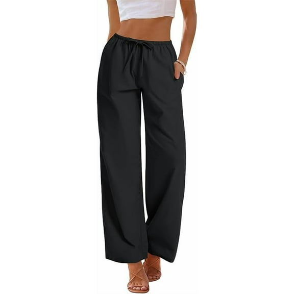 Women Cotton Linen Summer Palazzo Pants Drawstring Waist Wide Leg Lightweight Beach Trousers with Pockets