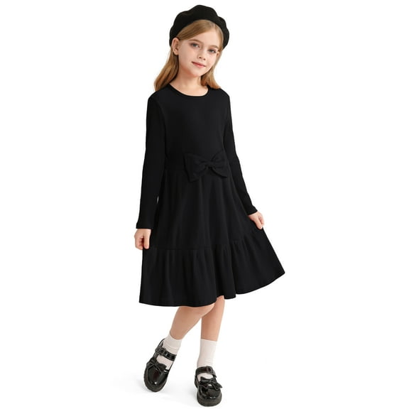 Actgleam Girls Long Sleeve Dress A line Bow Tie School Party Dress,Black,5-6Years
