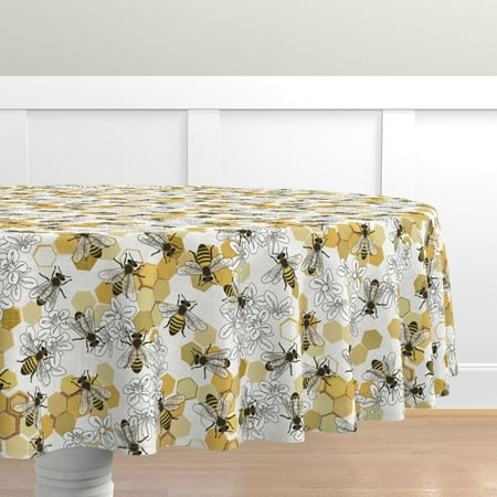 

Cotton Sateen Tablecloth 70 Round - Honey Bees Endangered Species Animals Bee Flowers Honeycomb White Insects Print Custom Table Linens by Spoonflower