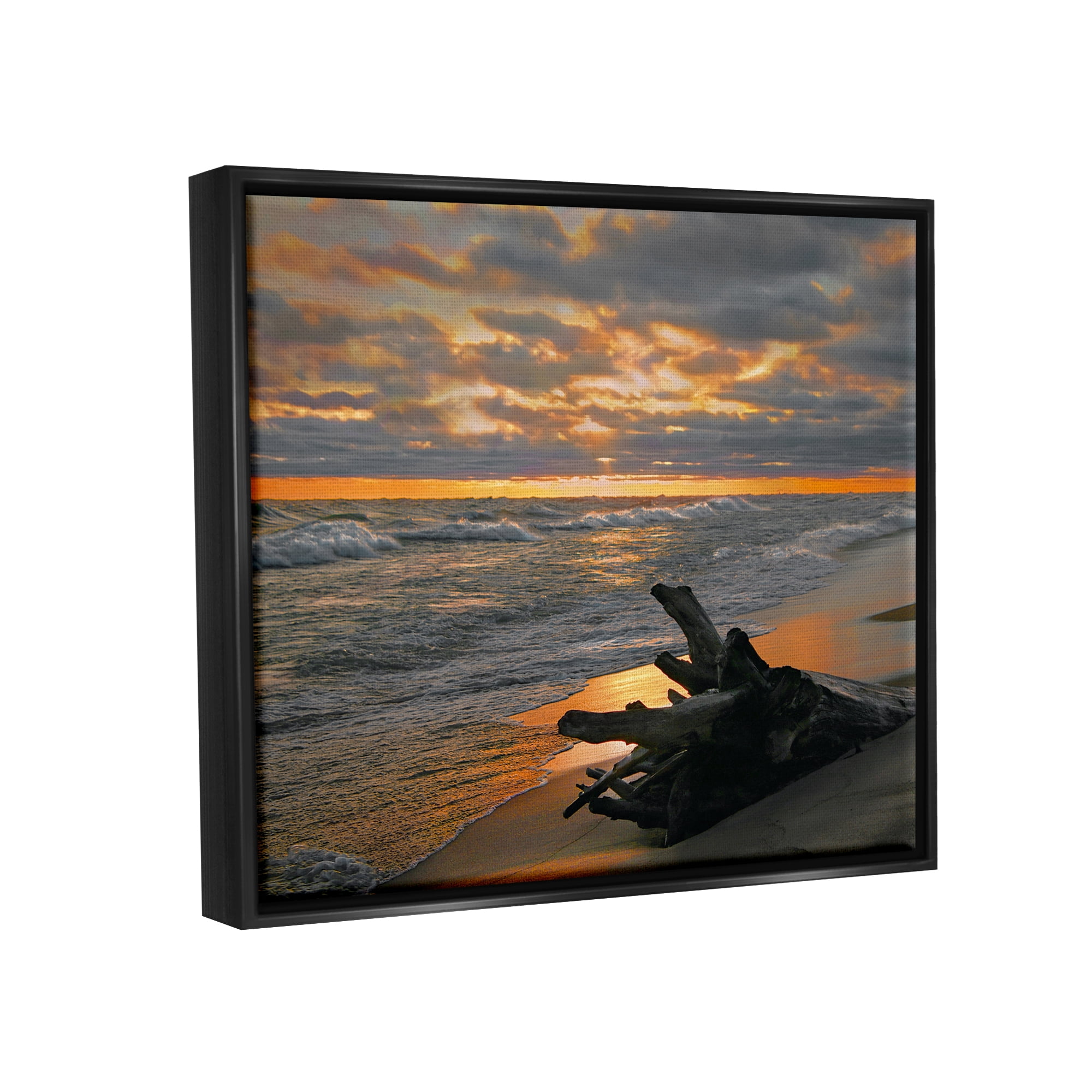 Stupell Industries Driftwood at Sunset Landscape Photography Black Floater Framed Canvas Art Print Wall Art, 31 x 25