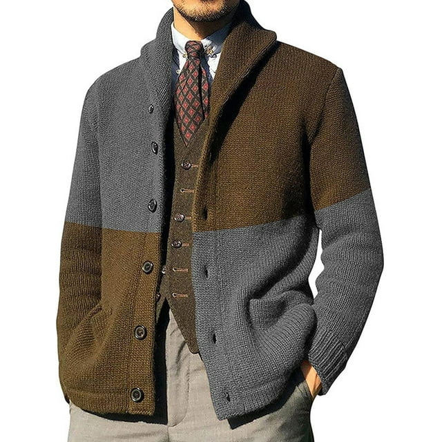 MAWCLOS Mens Outwear Open Front Cardigan Sweater Long Sleeve Sweaters Knitted Outdoor Color Block Cardigans Grey M