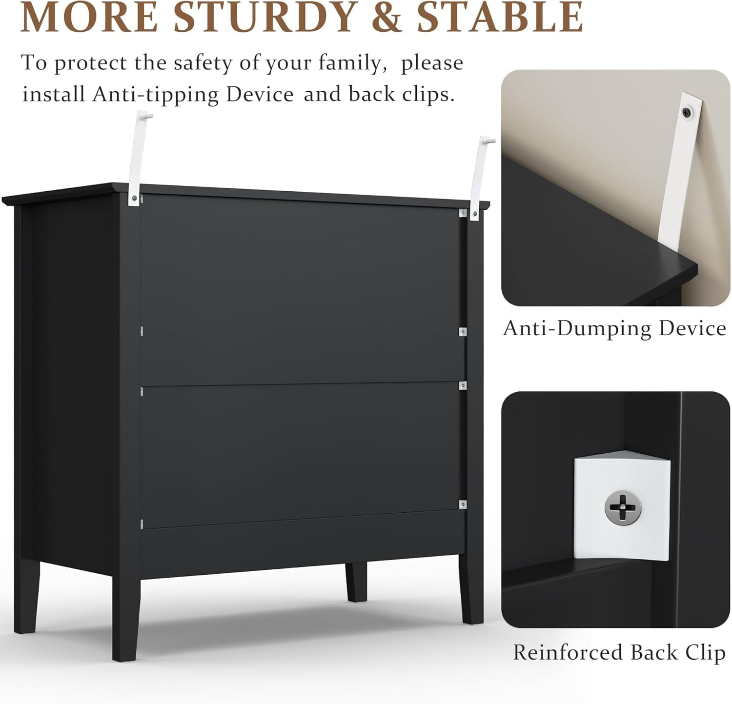 RoyalCraft Black 3 Drawer Dresser Chest with Storage, Modern Nightstand for Bedroom, Living Room, Entryway