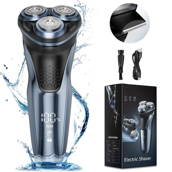Skdwakiz Electric Shavers for Men, IPX7 Waterproof Cordless Razor with Cleaning Brush, Portable Rechargeable Electric Rotary Beard Trimmer for Home Travel