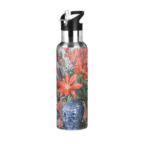 Yayeee 20oz Insulated Water Bottle Double Wall Stainless Steel with Flip Straw Lid, Orange Vibrant Flowers