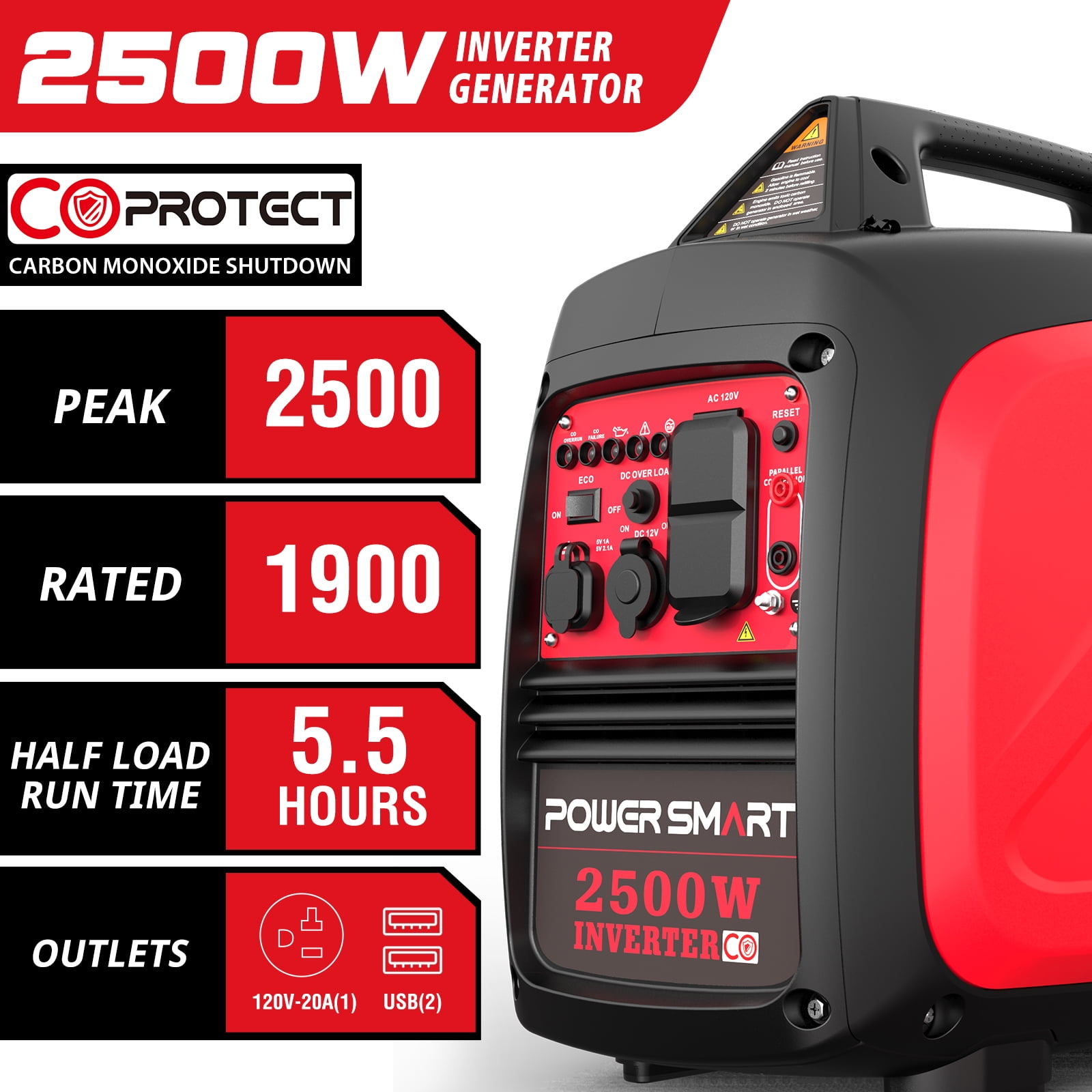 PowerSmart 2500W Portable Gas Fuel Inverter Generator CO Detect with Manual Start Outdoor Camping
