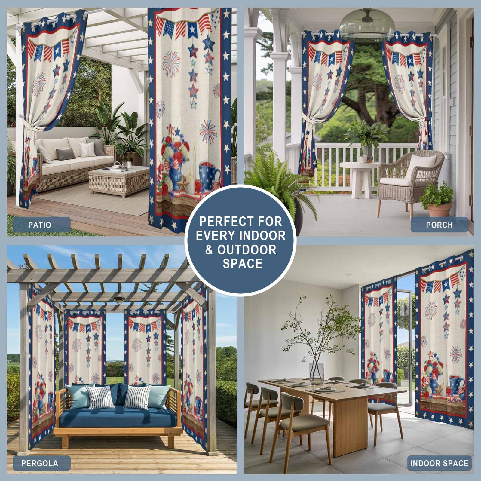 Independence Day Outdoor Curtains for Patio, Retro Red Blue USA Flag Floral Star Linen Texture Sunshade Privacy Drapes Grommet Waterproof Outside Curtains for Porch/Cabana/Balcony 54"x 108", 1 Panel