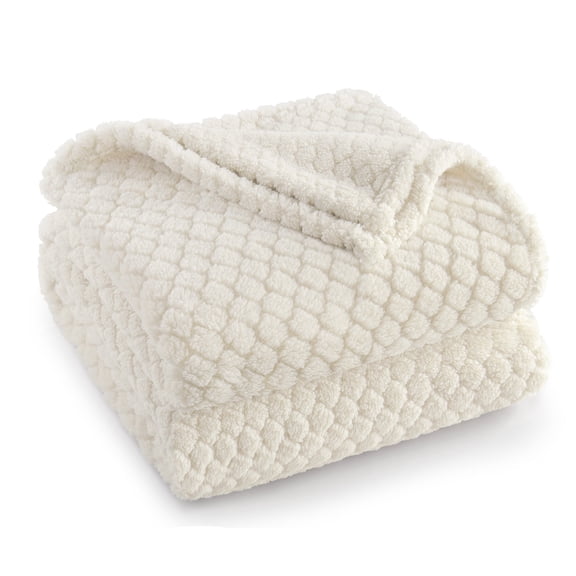 Exclusivo Mezcla Fleece Throw Blanket for Couch, Super Soft Jacquard Bed Blanket, Lightweight Fuzzy Warm for All Seasons, 50x60 Inches, Ivory