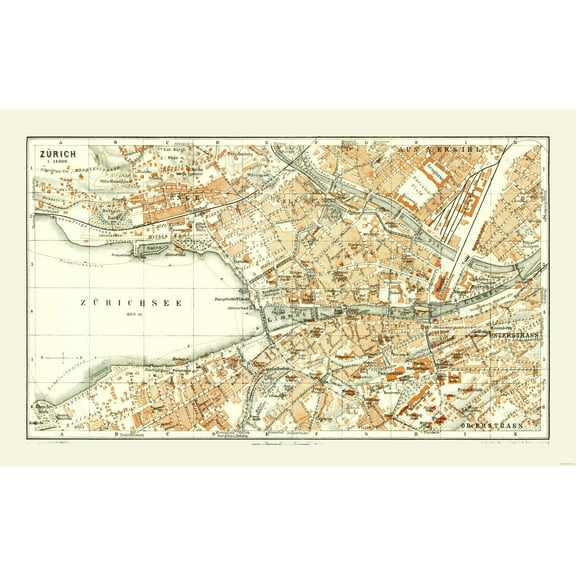 Historic Map - Zurich Switzerland - Baedeker 1921 - Vintage Wall Art