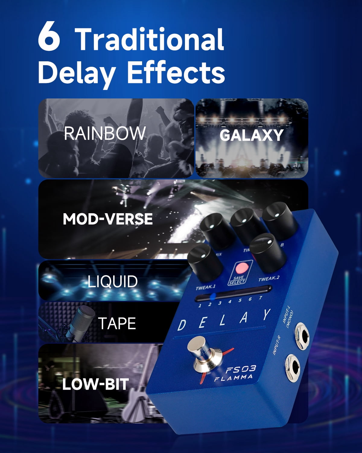 FLAMMA FS03 Guitar Delay Pedal Stereo Digital Delay Guitar Effects Pedal with Looper 6 Delay Effects Storable Preset Tap Tempo Trail On True Bypass