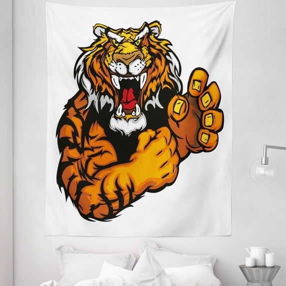 Tiger Tapestry, Cartoon Styled Very Angry Muscular Large Feline Mascot Animal Growling Print, Fabric Wall Hanging Decor for Bedroom Living Room Dorm, 5 Sizes, Black and Orange, by Ambesonne