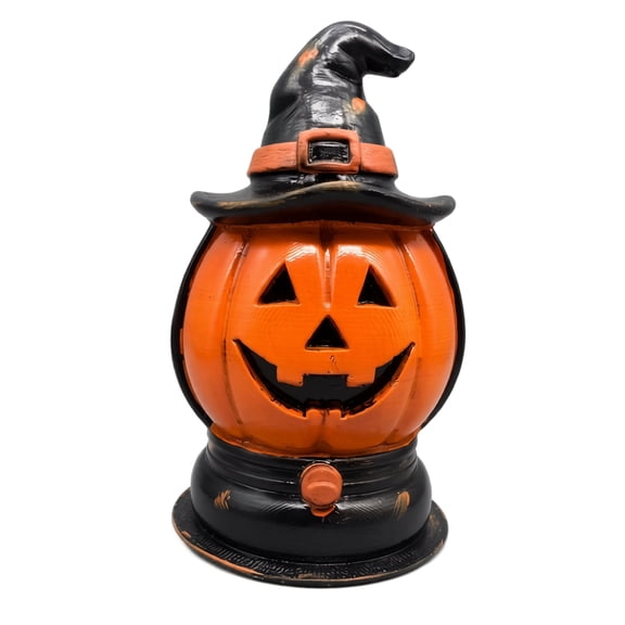 Halloween Resin Witch Hat Pumpkin Figurine, Retro Jack‑O‑Lantern Statue, Halloween Indoor Tabletop Mantel Decor for Fall Holiday Home Display
