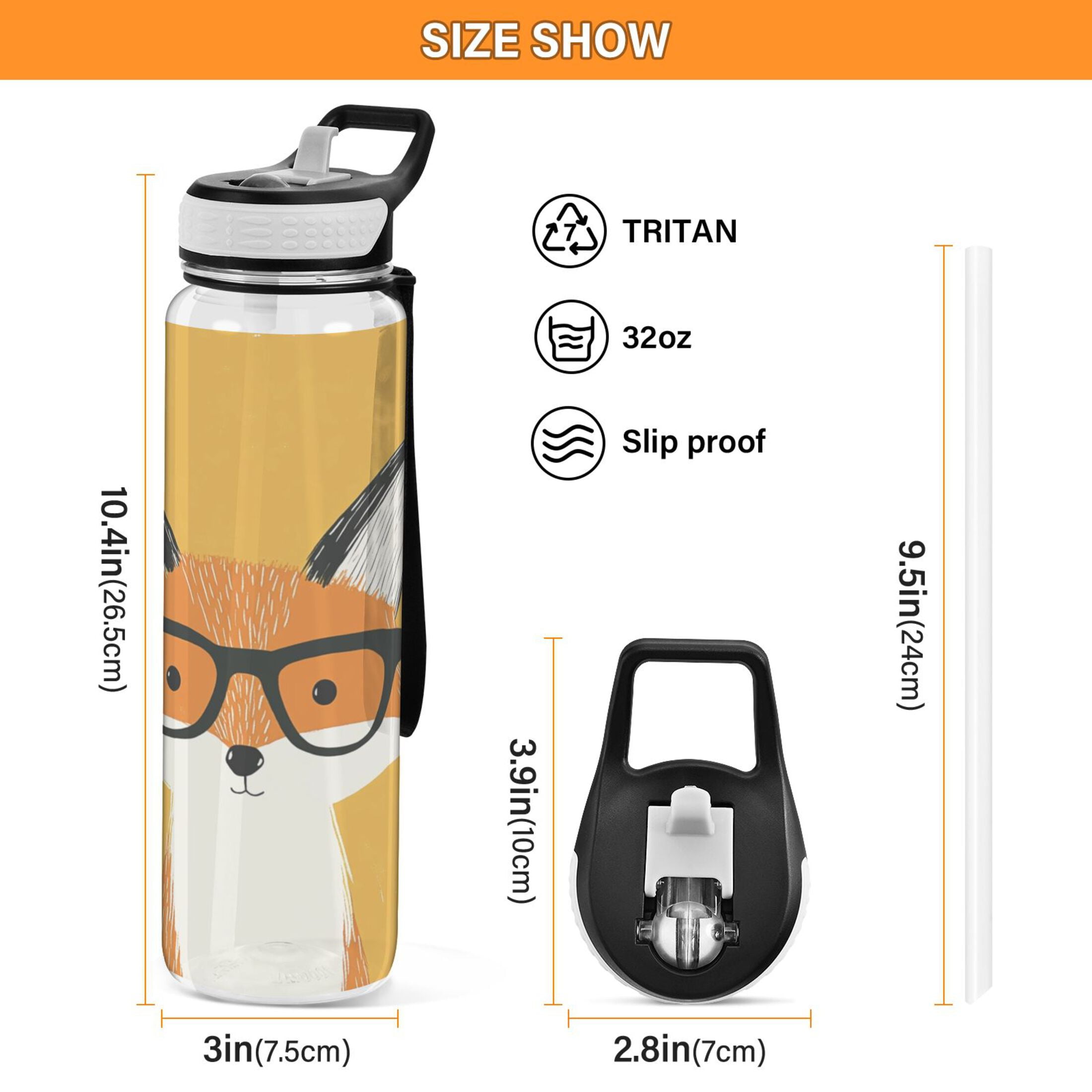 Sports Water Bottle 1000ML Tritan Food Grade Clear Water Bottle Fitness Outdoor Sports Bike Fox with Glasses