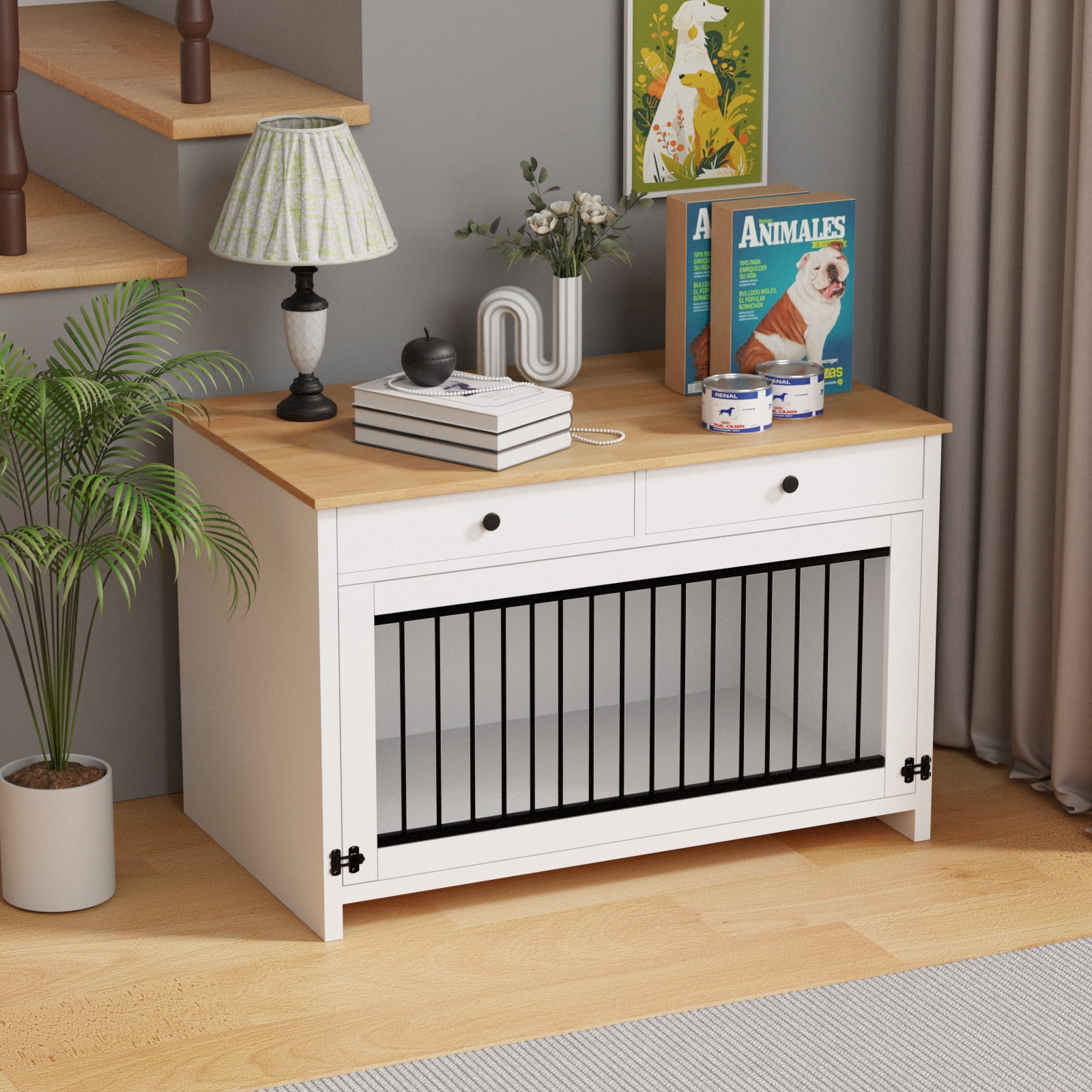 TIME RAY Dog Crate Furniture for Large Dog,Dog Cage Furniture with Upward Flapping Crate Door and 2 Storage Drawer