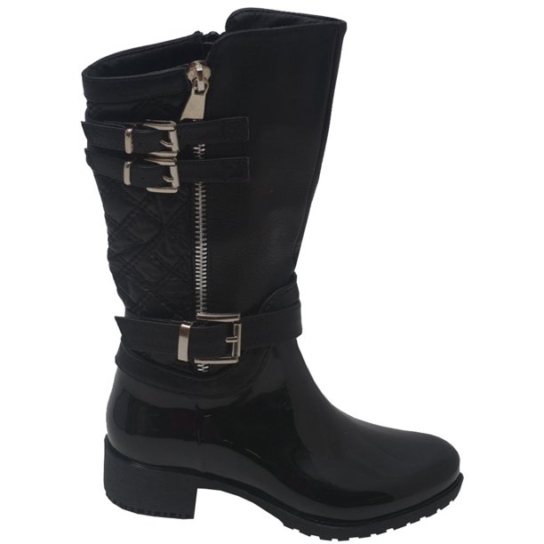Link Little Girls Black Patent Quilted Buckle Straps High Knee Boots