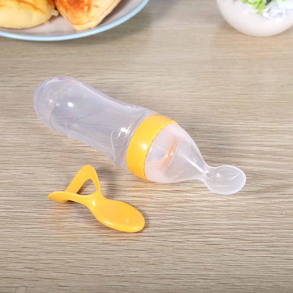 Qiilu 1Pc 90mL Silicone Baby Toddler Feeding Bottle with Spoon Fresh