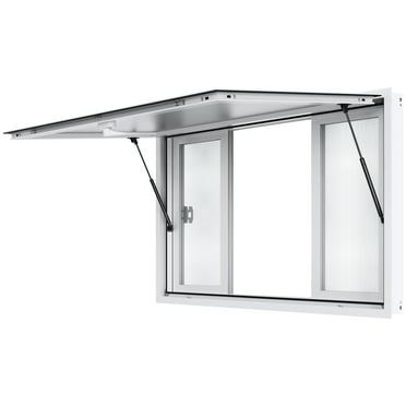 KFFKFF 60"L x 36"W Concession Window for Food Truck Service Awning Aluminum Alloy Concession Stand Serving Window Door with 4 Horizontal Sliding Screen Windows & Awning Door & Drag Hook