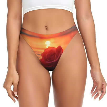 Qokaie Romantic Roses Sunset Ocean Printed Women s Cotton Thong Underwear  Sexy Breathable Panties G-string-Large