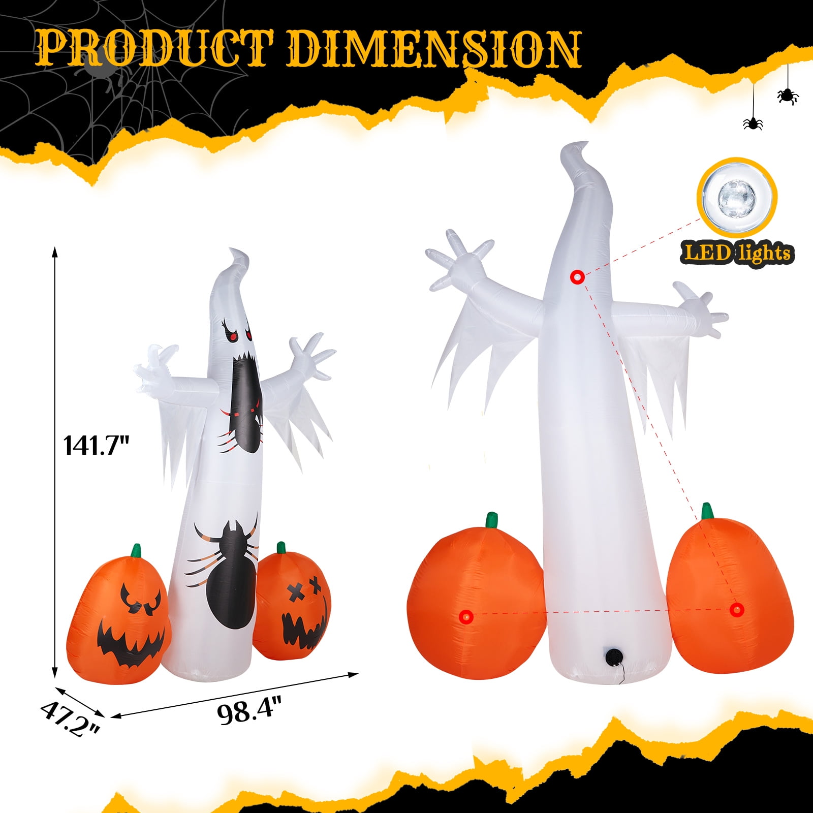 11.8 FT Halloween Inflatable Ghost Spider Pumpkin Decoration with LED Lights, Giant Blow-Up Yard Decor for Parties Quick-Inflate Includes Stakes/Ropes