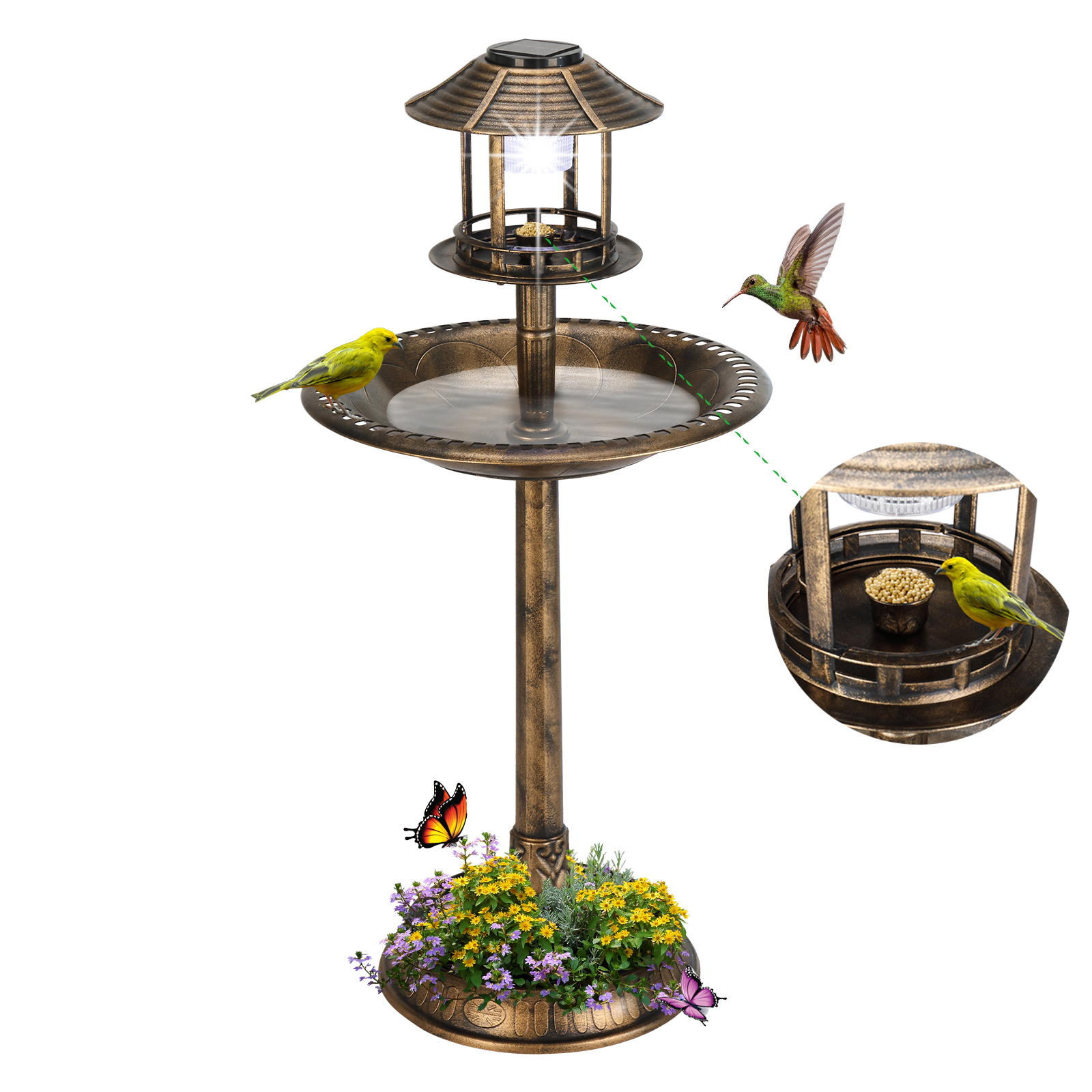 Seizeen Garden Bird Bath, Bronze Round Birdbaths & Bird Feeder Comb with Solar Light, Base Planter, 3 Tiers Bird Bath Garden Decor for Outdoor - image 1 of 12