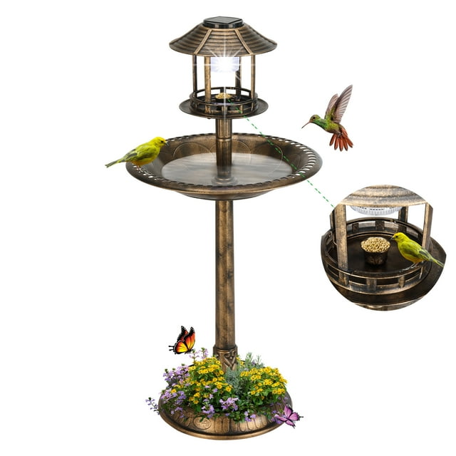 Seizeen Garden Bird Bath, Bronze Round Birdbaths & Bird Feeder Comb with Solar Light, Base Planter, 3 Tiers Bird Bath Garden Decor for Outdoor