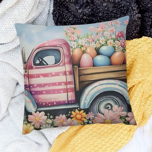 PRATYUS  Easter Throw Pillow Covers Soft Spring Easter Pillow Covers Pink Easter Egg Flower Truck Cushion Covers Pillow Cases for Home Outdoor Sofa Couch Decoration 18x18in
