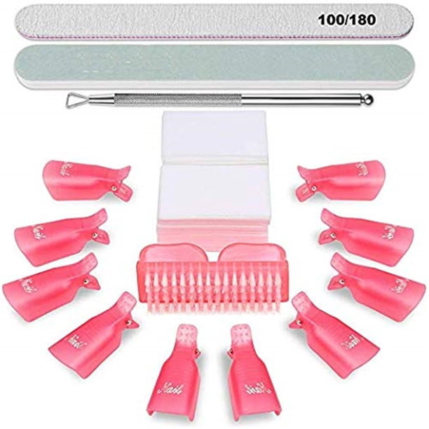 Kit de herramientas de eliminación de gel para uñas, con clip para quitar esmalte rosa, raspador de cutículas, cepillo para uñas de gel, almohadilla para limpiar uñas, exfoliante para lima de uñas
