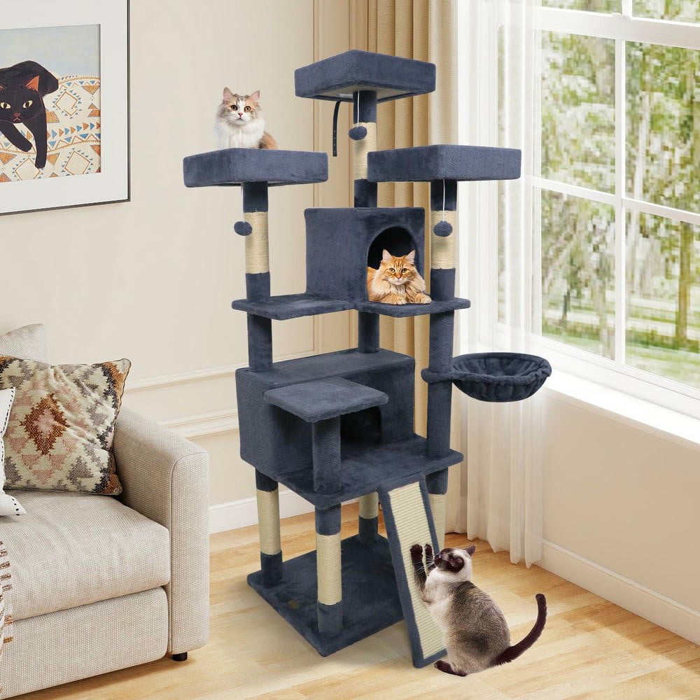 Resenkose 65-Inch Tall Multi-Level Cat Tree with 3 Upholstered Perches and 2 Spacious Cat Condos, Dark Gray