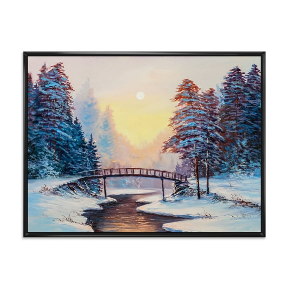 Designart 'Snow Covered Landscape and Little Bridge' Traditional Framed Canvas Wall Art Print
