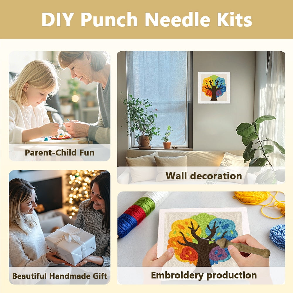Polyester Cotton Punch Needle 4Folded Yarns Embroidery Kits Included Threader Cotton Thread Punch Needle Thread Clips 3.5MM Wooden Needle Tree