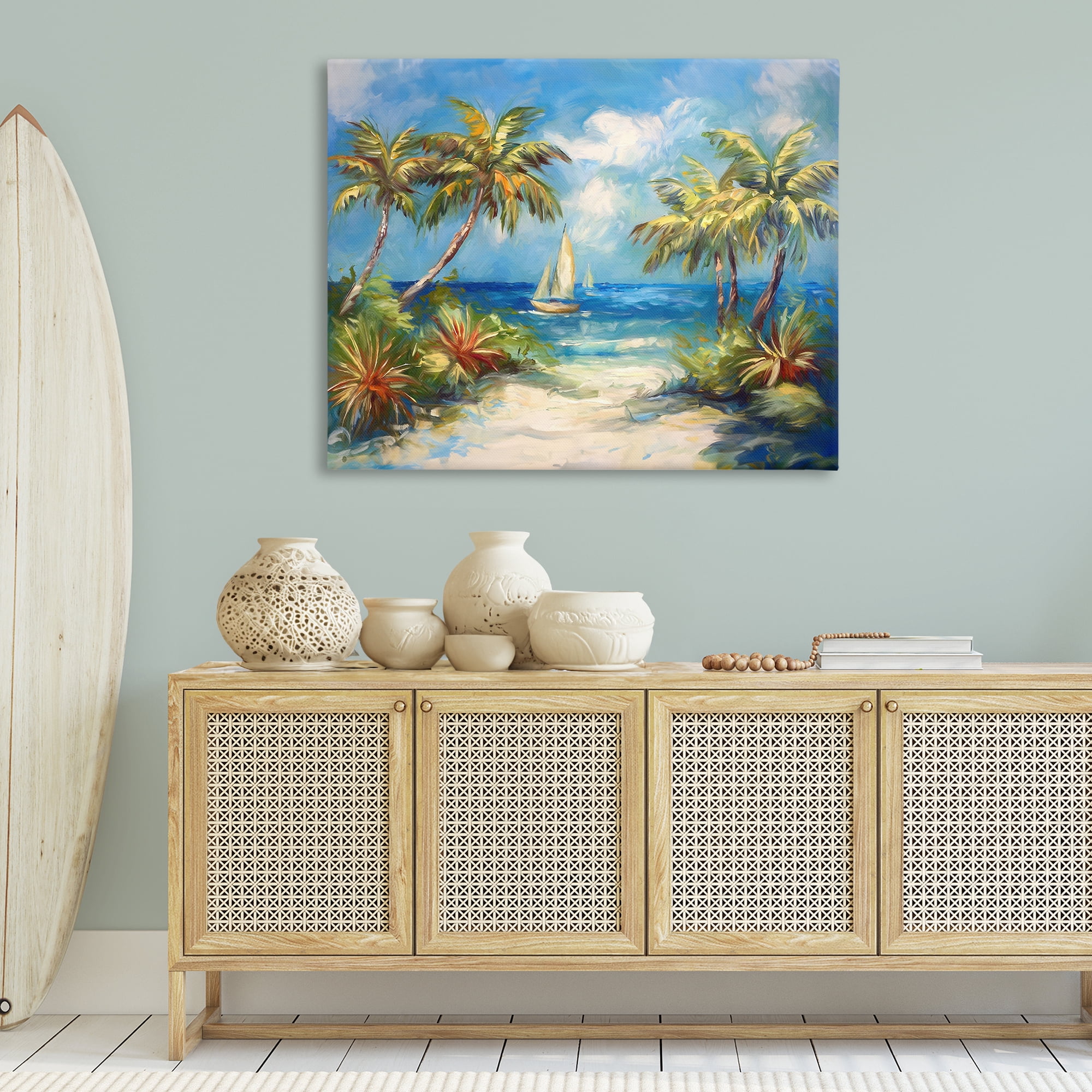 Stupell Industries Tropical Paradise Harbor Coastal Painting Gallery Wrapped Canvas Art Print Wall Art, 48 x 36