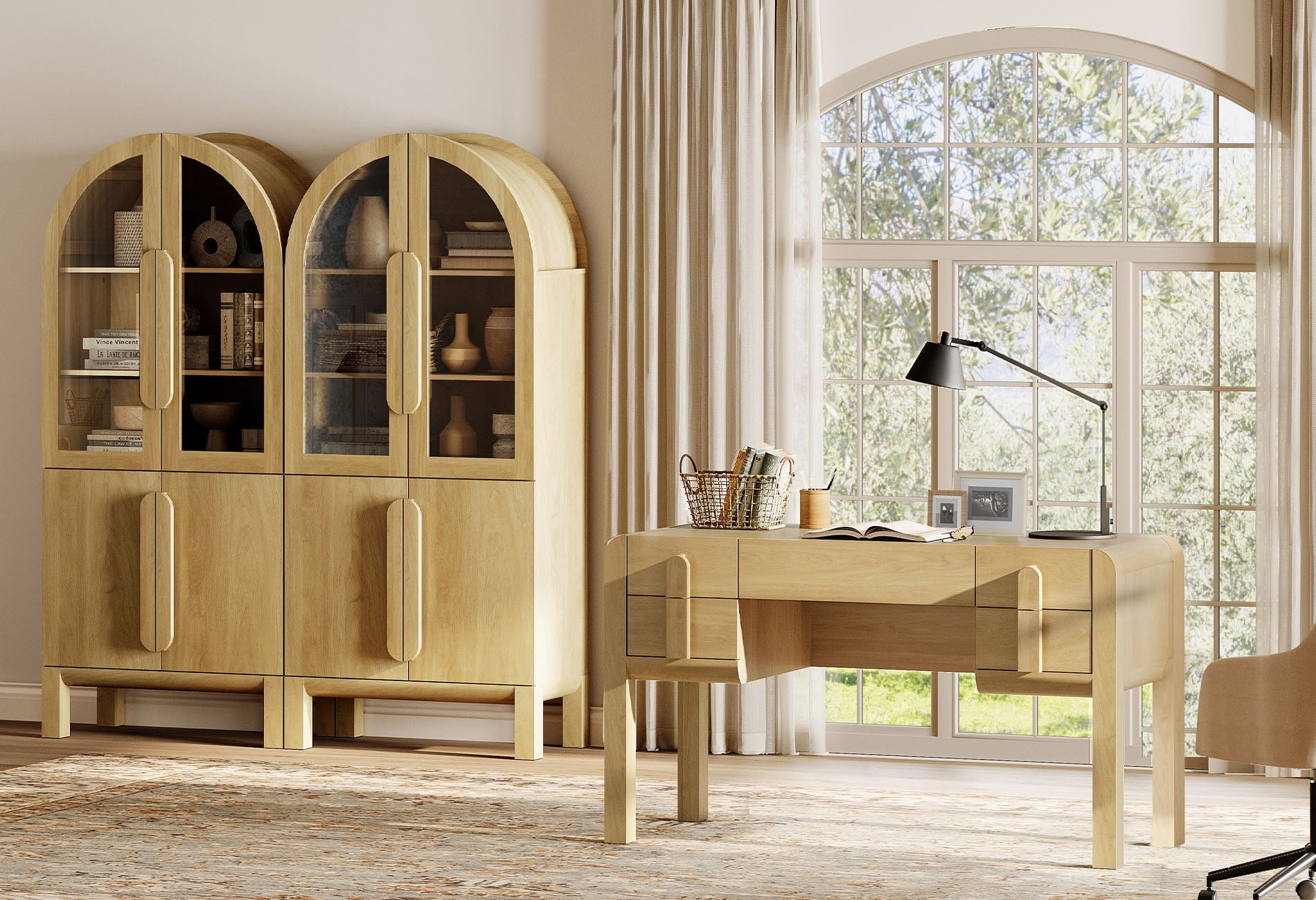 Home Office Set, 53.5" Modern Executive Desk with Charging Station and Drawers & 2 Piece 71"H Tall 3-Tier Arched Bookcases with Glass Door for Living Room, Bedroom, Home Office
