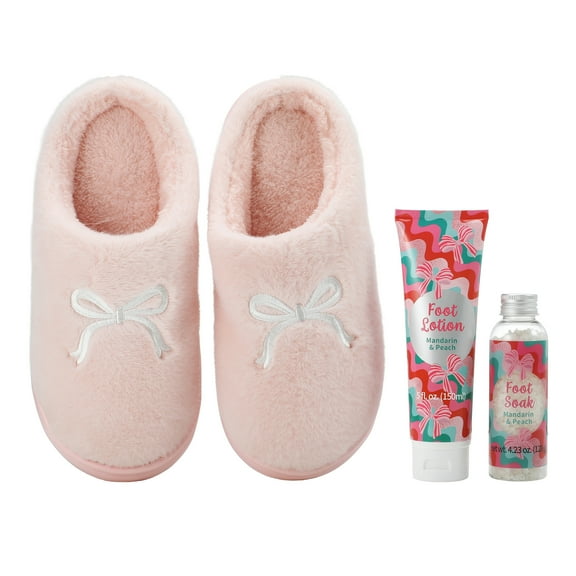 Foot Care Gift 3 Pieces Set for Women with Fluffy Slippers, Foot Lotion, and Foot Soak-Pink